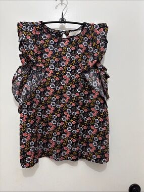 Beautiful LOFT Black Floral Flutter Sleeveless top with Coral and White Blooms